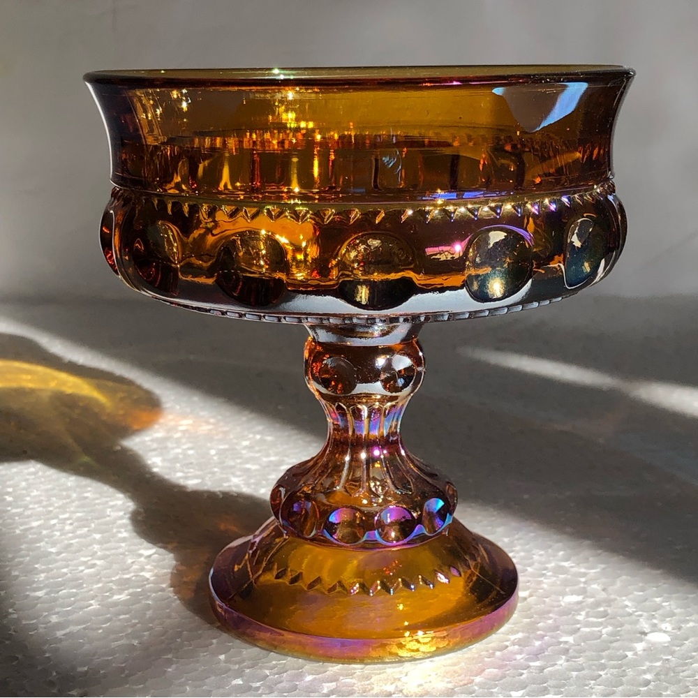 Amber Gold Carnival Glass Iridescent Kings Crown Thumbprint Compote Candy Dish